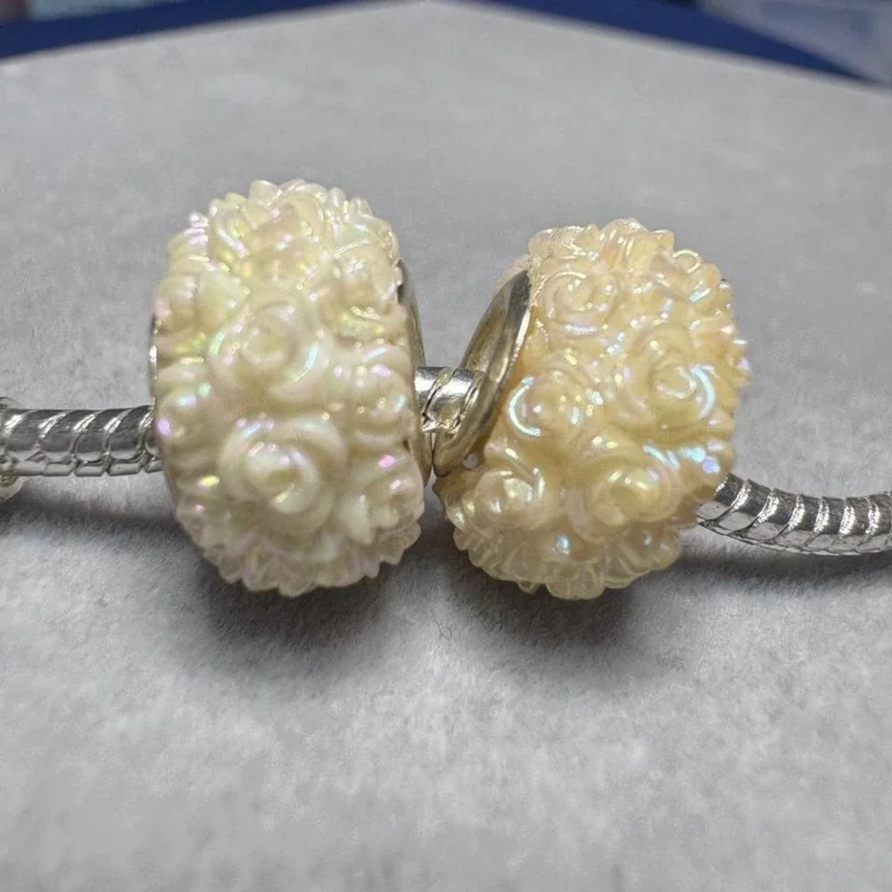 2Pcs Iridescent Yellow Rose Flower Beads Charm fits PANDORA